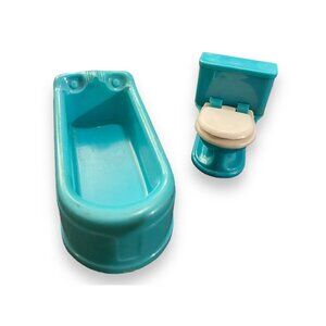 Vintage Plasco Dollhouse Bathroom Set Tub And Toilet MCM Plastic Blue Turquoise
